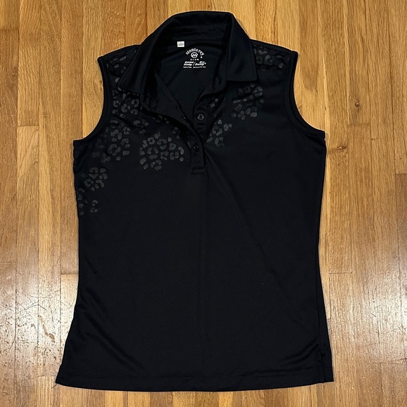 Monterey Club Tops - Monterey Club | Women's Black Sleeveless Polo Top with cheetah print accent